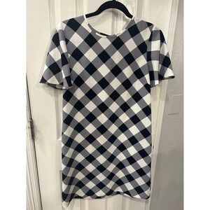 Ann Taylor Shift Dress Navy Grey White Gingham Plaid Flutter Sleeve Office Wear